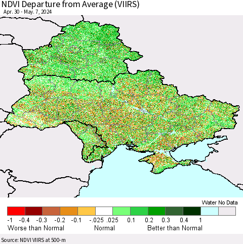 Ukraine, Moldova and Belarus NDVI Departure from Average (VIIRS) Thematic Map For 4/30/2024 - 5/7/2024