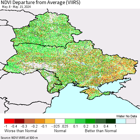 Ukraine, Moldova and Belarus NDVI Departure from Average (VIIRS) Thematic Map For 5/8/2024 - 5/15/2024
