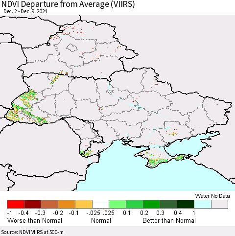 Ukraine, Moldova and Belarus NDVI Departure from Average (VIIRS) Thematic Map For 12/2/2024 - 12/9/2024