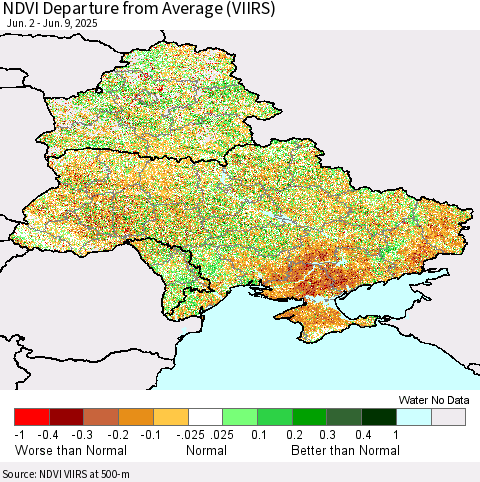 Ukraine, Moldova and Belarus NDVI Departure from Average (VIIRS) Thematic Map For 6/2/2025 - 6/9/2025