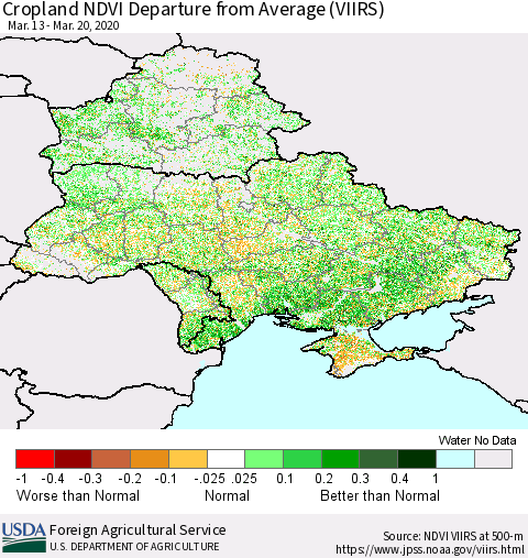 Ukraine, Moldova and Belarus Cropland NDVI Departure from Average (VIIRS) Thematic Map For 3/11/2020 - 3/20/2020