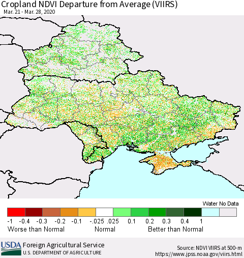 Ukraine, Moldova and Belarus Cropland NDVI Departure from Average (VIIRS) Thematic Map For 3/21/2020 - 3/31/2020