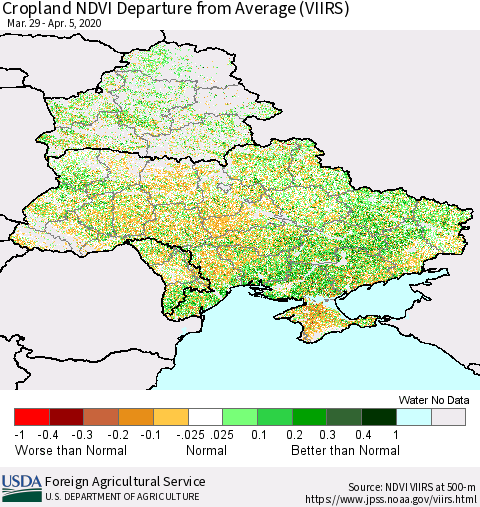 Ukraine, Moldova and Belarus Cropland NDVI Departure from Average (VIIRS) Thematic Map For 4/1/2020 - 4/10/2020