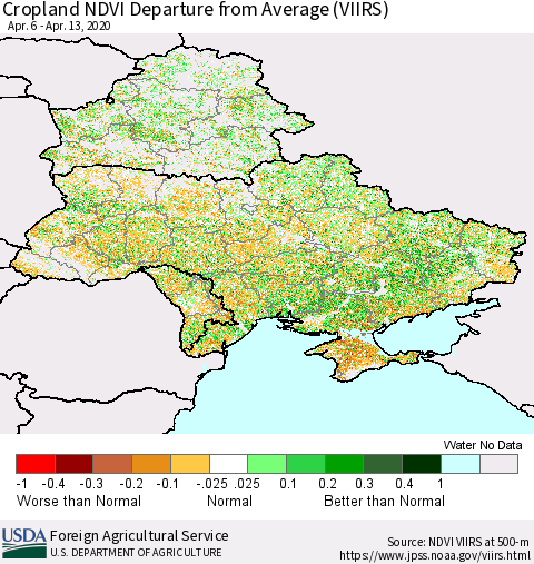 Ukraine, Moldova and Belarus Cropland NDVI Departure from Average (VIIRS) Thematic Map For 4/11/2020 - 4/20/2020