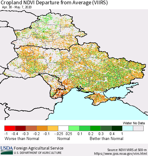 Ukraine, Moldova and Belarus Cropland NDVI Departure from Average (VIIRS) Thematic Map For 5/1/2020 - 5/10/2020