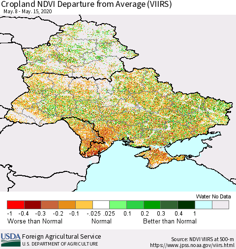 Ukraine, Moldova and Belarus Cropland NDVI Departure from Average (VIIRS) Thematic Map For 5/11/2020 - 5/20/2020