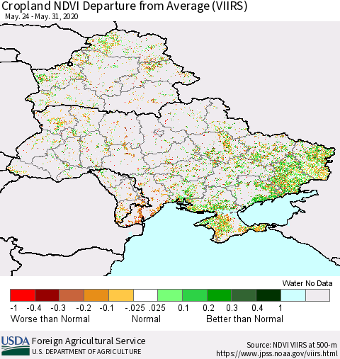 Ukraine, Moldova and Belarus Cropland NDVI Departure from Average (VIIRS) Thematic Map For 5/21/2020 - 5/31/2020