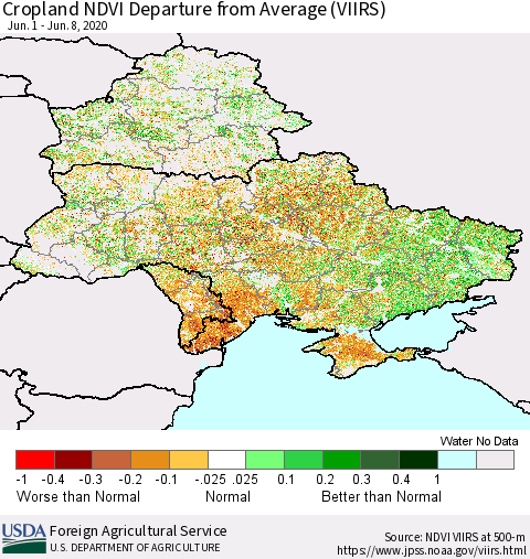 Ukraine, Moldova and Belarus Cropland NDVI Departure from Average (VIIRS) Thematic Map For 6/1/2020 - 6/10/2020