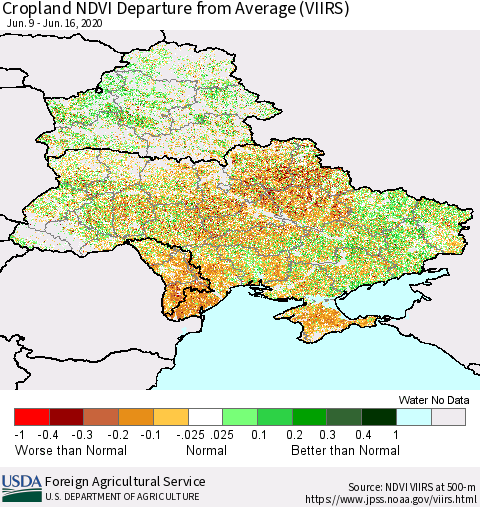 Ukraine, Moldova and Belarus Cropland NDVI Departure from Average (VIIRS) Thematic Map For 6/11/2020 - 6/20/2020