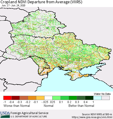Ukraine, Moldova and Belarus Cropland NDVI Departure from Average (VIIRS) Thematic Map For 6/21/2020 - 6/30/2020