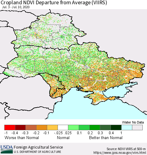 Ukraine, Moldova and Belarus Cropland NDVI Departure from Average (VIIRS) Thematic Map For 7/1/2020 - 7/10/2020