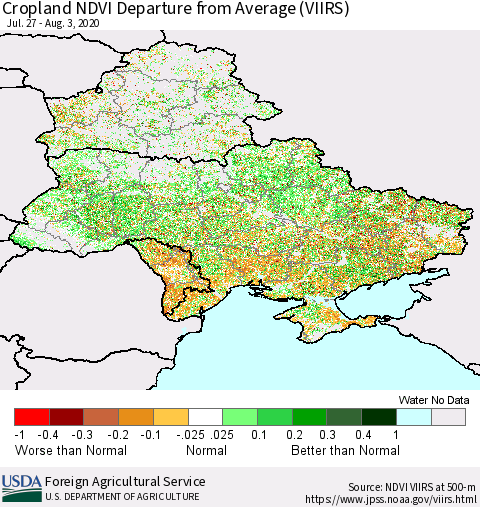 Ukraine, Moldova and Belarus Cropland NDVI Departure from Average (VIIRS) Thematic Map For 8/1/2020 - 8/10/2020