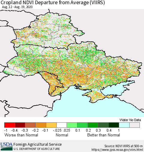 Ukraine, Moldova and Belarus Cropland NDVI Departure from Average (VIIRS) Thematic Map For 8/11/2020 - 8/20/2020