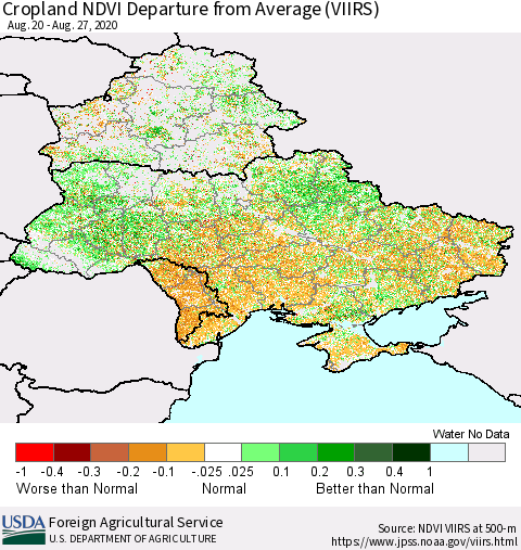 Ukraine, Moldova and Belarus Cropland NDVI Departure from Average (VIIRS) Thematic Map For 8/21/2020 - 8/31/2020