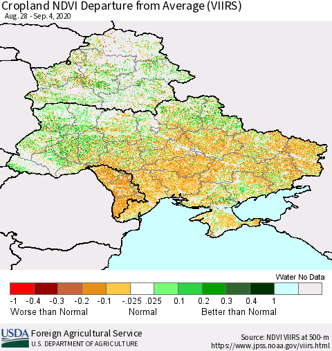 Ukraine, Moldova and Belarus Cropland NDVI Departure from Average (VIIRS) Thematic Map For 9/1/2020 - 9/10/2020