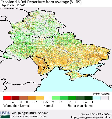 Ukraine, Moldova and Belarus Cropland NDVI Departure from Average (VIIRS) Thematic Map For 9/11/2020 - 9/20/2020