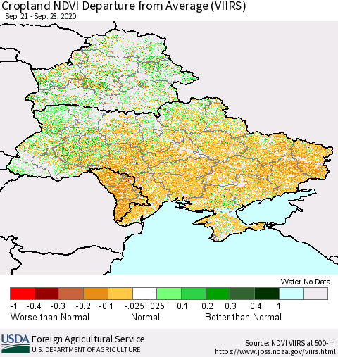 Ukraine, Moldova and Belarus Cropland NDVI Departure from Average (VIIRS) Thematic Map For 9/21/2020 - 9/30/2020