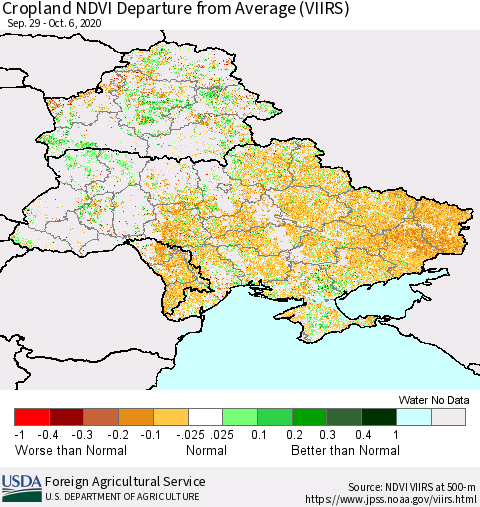 Ukraine, Moldova and Belarus Cropland NDVI Departure from Average (VIIRS) Thematic Map For 10/1/2020 - 10/10/2020