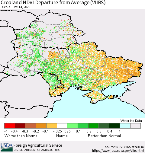 Ukraine, Moldova and Belarus Cropland NDVI Departure from Average (VIIRS) Thematic Map For 10/11/2020 - 10/20/2020