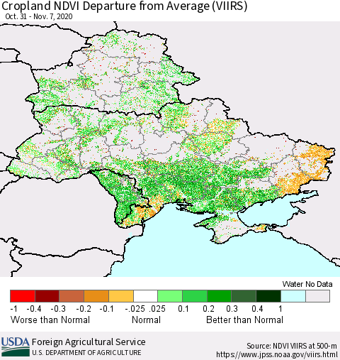 Ukraine, Moldova and Belarus Cropland NDVI Departure from Average (VIIRS) Thematic Map For 11/1/2020 - 11/10/2020