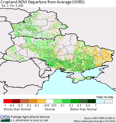 Ukraine, Moldova and Belarus Cropland NDVI Departure from Average (VIIRS) Thematic Map For 12/1/2020 - 12/10/2020