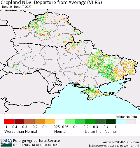 Ukraine, Moldova and Belarus Cropland NDVI Departure from Average (VIIRS) Thematic Map For 12/11/2020 - 12/20/2020