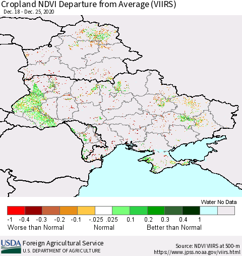 Ukraine, Moldova and Belarus Cropland NDVI Departure from Average (VIIRS) Thematic Map For 12/21/2020 - 12/31/2020