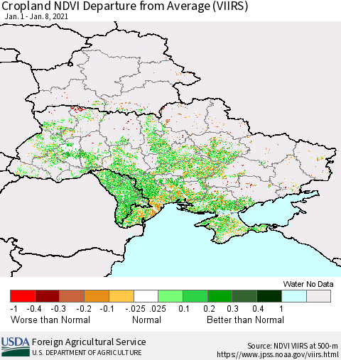Ukraine, Moldova and Belarus Cropland NDVI Departure from Average (VIIRS) Thematic Map For 1/1/2021 - 1/10/2021