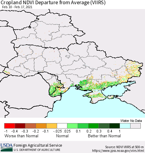 Ukraine, Moldova and Belarus Cropland NDVI Departure from Average (VIIRS) Thematic Map For 2/11/2021 - 2/20/2021