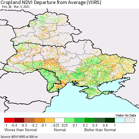 Ukraine, Moldova and Belarus Cropland NDVI Departure from Average (VIIRS) Thematic Map For 2/26/2021 - 3/5/2021