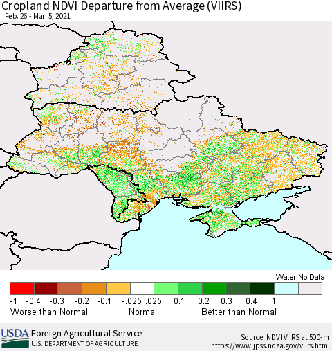 Ukraine, Moldova and Belarus Cropland NDVI Departure from Average (VIIRS) Thematic Map For 3/1/2021 - 3/10/2021