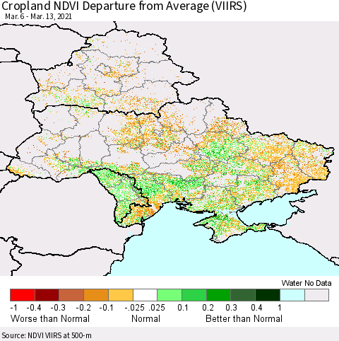 Ukraine, Moldova and Belarus Cropland NDVI Departure from Average (VIIRS) Thematic Map For 3/6/2021 - 3/13/2021