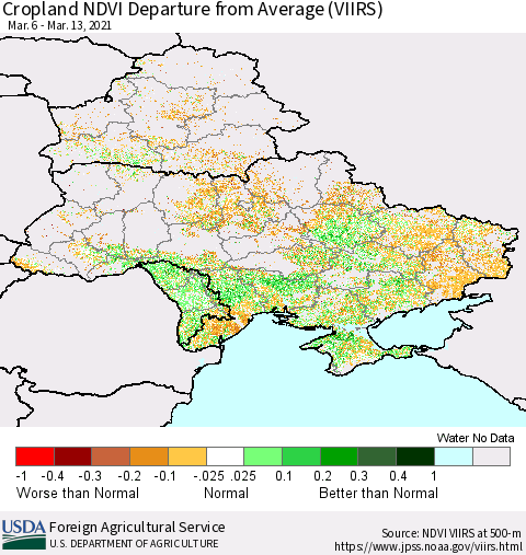 Ukraine, Moldova and Belarus Cropland NDVI Departure from Average (VIIRS) Thematic Map For 3/11/2021 - 3/20/2021