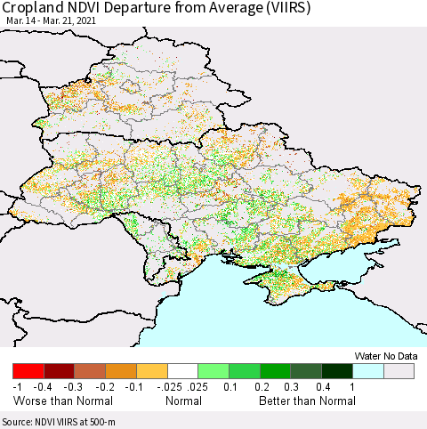 Ukraine, Moldova and Belarus Cropland NDVI Departure from Average (VIIRS) Thematic Map For 3/14/2021 - 3/21/2021