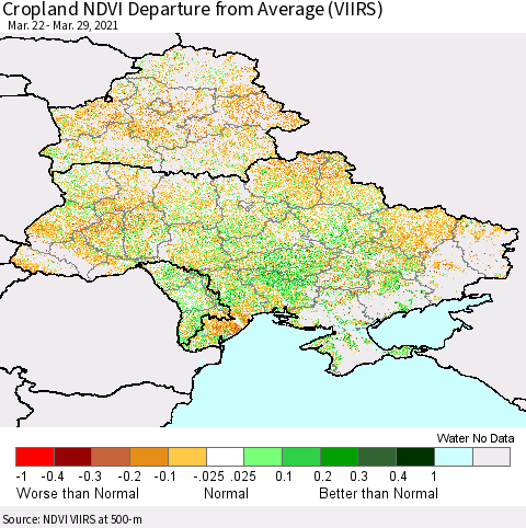 Ukraine, Moldova and Belarus Cropland NDVI Departure from Average (VIIRS) Thematic Map For 3/22/2021 - 3/29/2021
