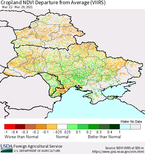 Ukraine, Moldova and Belarus Cropland NDVI Departure from Average (VIIRS) Thematic Map For 3/21/2021 - 3/31/2021