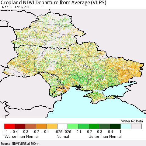 Ukraine, Moldova and Belarus Cropland NDVI Departure from Average (VIIRS) Thematic Map For 3/30/2021 - 4/6/2021