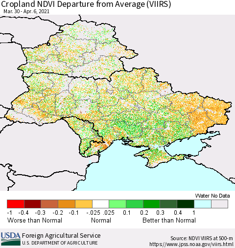 Ukraine, Moldova and Belarus Cropland NDVI Departure from Average (VIIRS) Thematic Map For 4/1/2021 - 4/10/2021