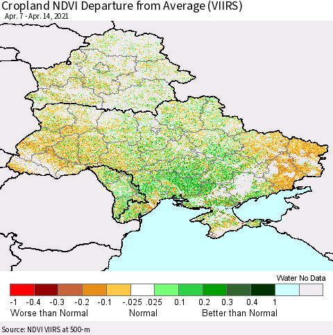 Ukraine, Moldova and Belarus Cropland NDVI Departure from Average (VIIRS) Thematic Map For 4/7/2021 - 4/14/2021