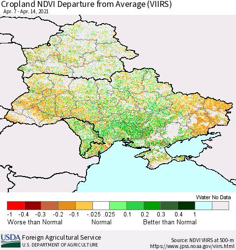 Ukraine, Moldova and Belarus Cropland NDVI Departure from Average (VIIRS) Thematic Map For 4/11/2021 - 4/20/2021
