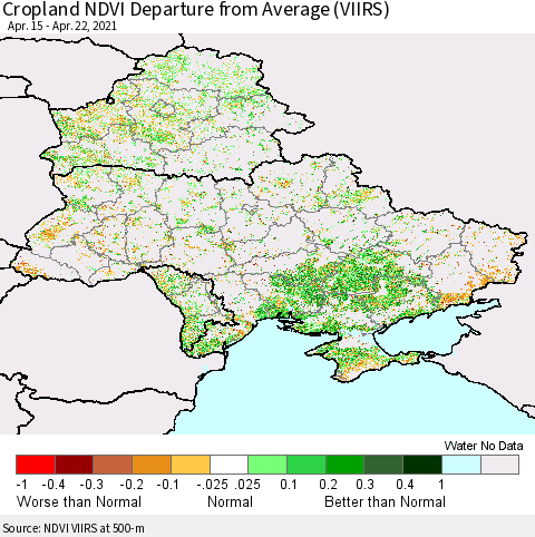 Ukraine, Moldova and Belarus Cropland NDVI Departure from Average (VIIRS) Thematic Map For 4/15/2021 - 4/22/2021