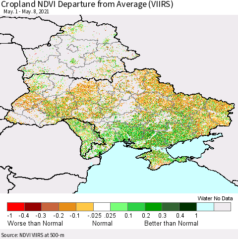 Ukraine, Moldova and Belarus Cropland NDVI Departure from Average (VIIRS) Thematic Map For 5/1/2021 - 5/8/2021