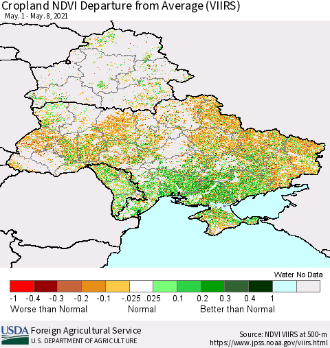 Ukraine, Moldova and Belarus Cropland NDVI Departure from Average (VIIRS) Thematic Map For 5/1/2021 - 5/10/2021