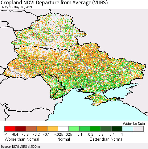 Ukraine, Moldova and Belarus Cropland NDVI Departure from Average (VIIRS) Thematic Map For 5/9/2021 - 5/16/2021