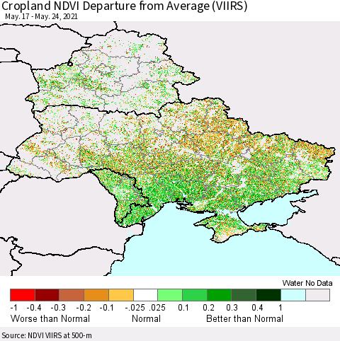 Ukraine, Moldova and Belarus Cropland NDVI Departure from Average (VIIRS) Thematic Map For 5/17/2021 - 5/24/2021