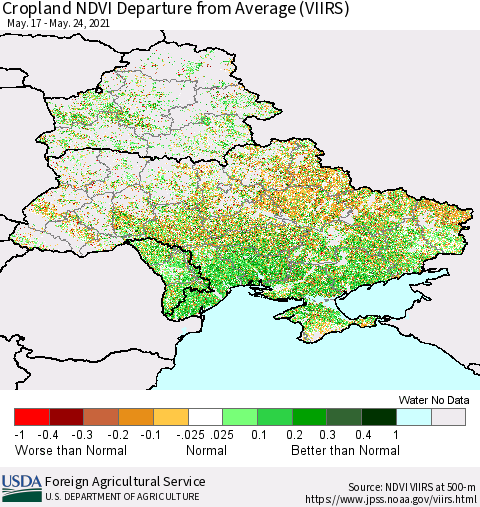 Ukraine, Moldova and Belarus Cropland NDVI Departure from Average (VIIRS) Thematic Map For 5/21/2021 - 5/31/2021
