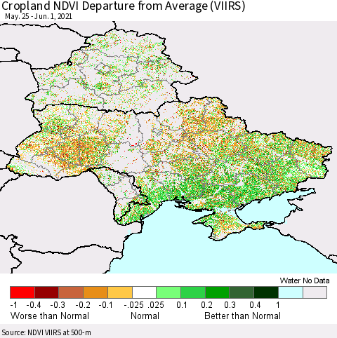 Ukraine, Moldova and Belarus Cropland NDVI Departure from Average (VIIRS) Thematic Map For 5/25/2021 - 6/1/2021