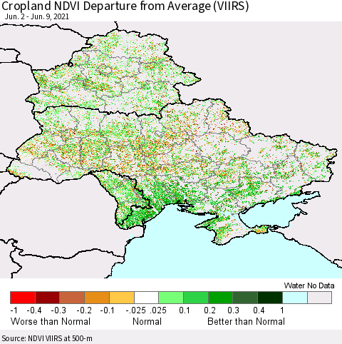 Ukraine, Moldova and Belarus Cropland NDVI Departure from Average (VIIRS) Thematic Map For 6/2/2021 - 6/9/2021