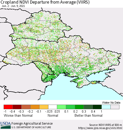 Ukraine, Moldova and Belarus Cropland NDVI Departure from Average (VIIRS) Thematic Map For 6/1/2021 - 6/10/2021