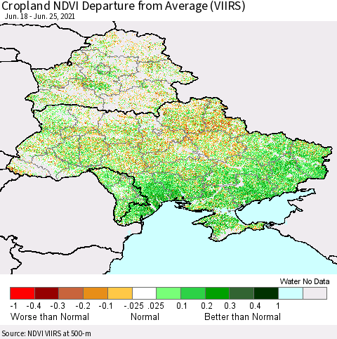 Ukraine, Moldova and Belarus Cropland NDVI Departure from Average (VIIRS) Thematic Map For 6/18/2021 - 6/25/2021